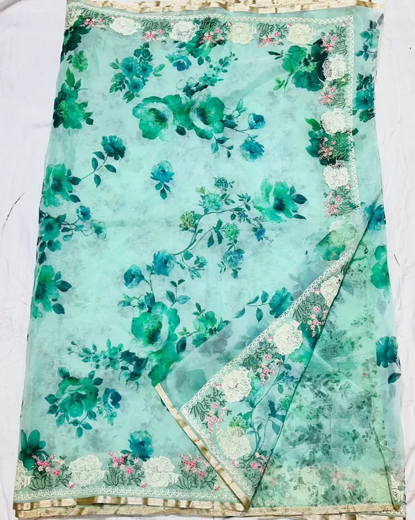 Turquoise_Green_Floral_Print_With_Embellished_Border_Silk_Saree_For_Women