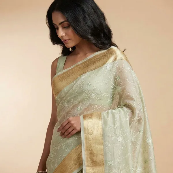 Light_Green_Embroidered_With_Golden_Zari_Border_Silk_Saree_For_Women