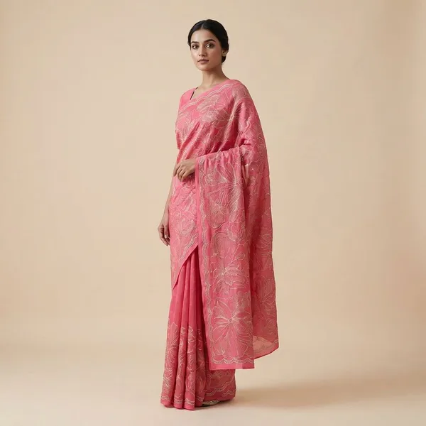 Red_Embroidered_Fabric_With_Floral_Design_And_Scalloped_Border_Silk_Saree_For_Women