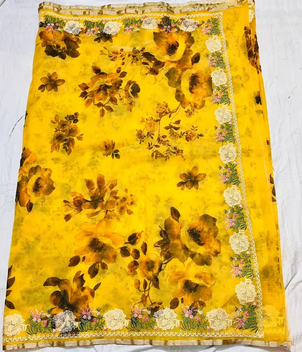 Yellow_Floral_Print_With_Golden_Border_Silk_Saree_For_Women