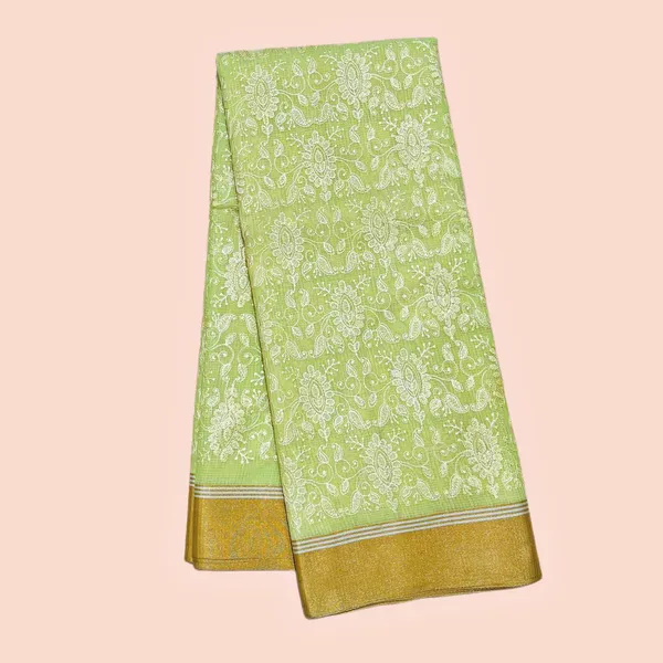 Pistachio_Green_With_Floral_Embroidery_And_Golden_Border_Silk_Saree_For_Women