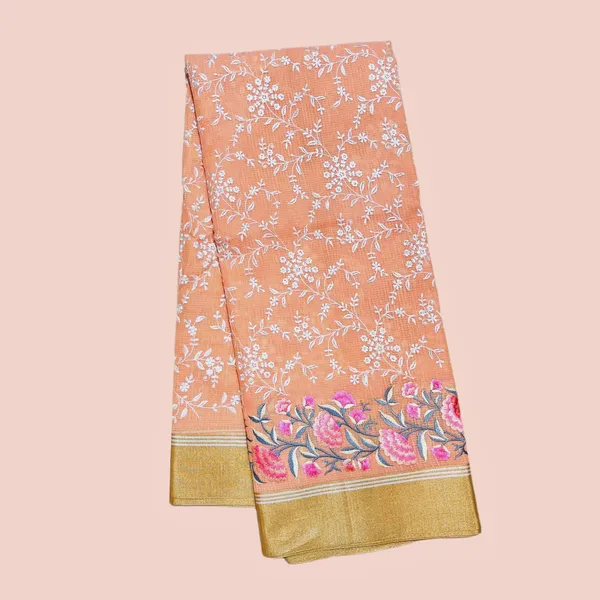 Peach_Floral_Print_With_Golden_Border_Silk_Saree_For_Women