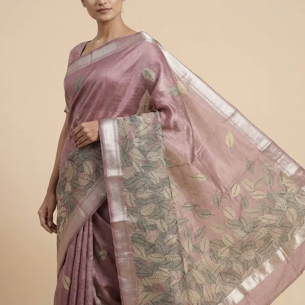 Dusty_Rose_Pink_Printed_Leaf_Pattern_Chanderi_With_Blouse_Silk_Saree_For_Women