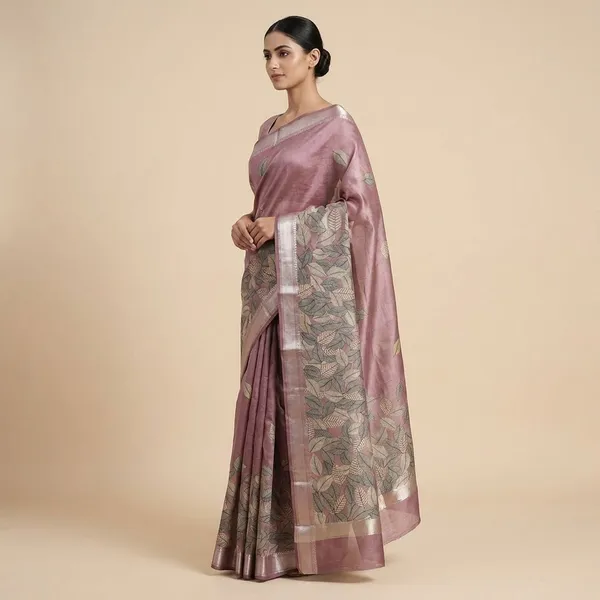 Dusty_Rose_Pink_Printed_Leaf_Pattern_Chanderi_With_Blouse_Silk_Saree_For_Women
