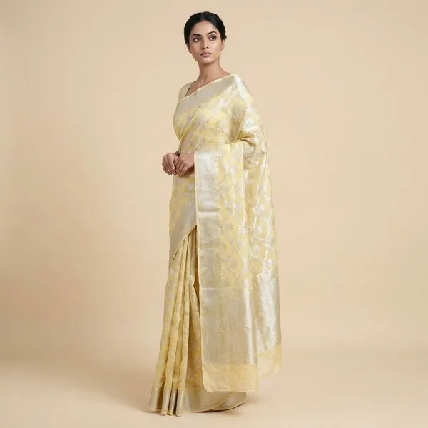 Yellow_And_Silver_Elegant_Woven_With_Floral_Motifs_Silk_Saree_For_Women