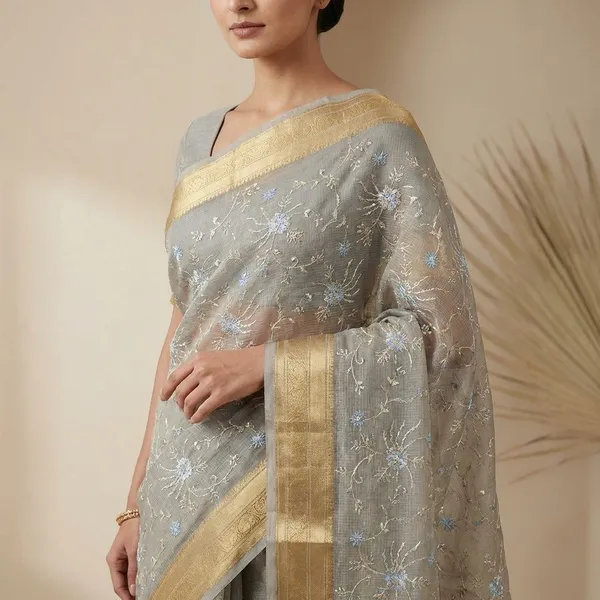 Elegant_Grey_Embroidered_With_Golden_Border_Silk_Saree_For_Women