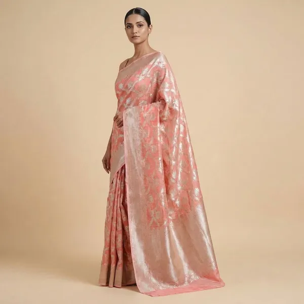 Peach_Pink_Elegant_Floral_Brocade_Fabric_With_Silver_Zari_Border_Silk_Saree_For_Women