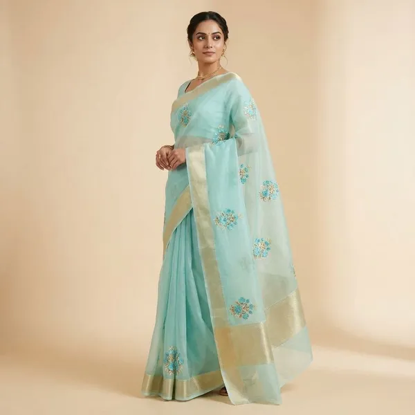 Sky_Blue_Elegant_Organza_With_Floral_Embroidery_And_Golden_Border_Silk_Saree_For_Women