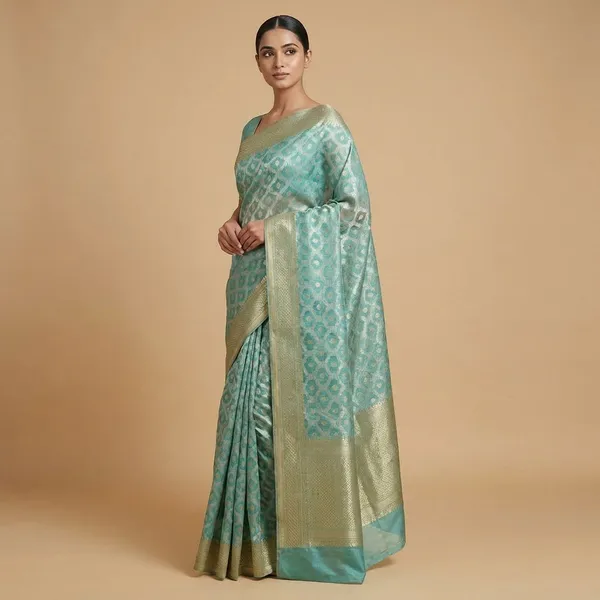 Teal_Blue_Geometric_Pattern_With_Golden_Border_Silk_Saree_For_Women