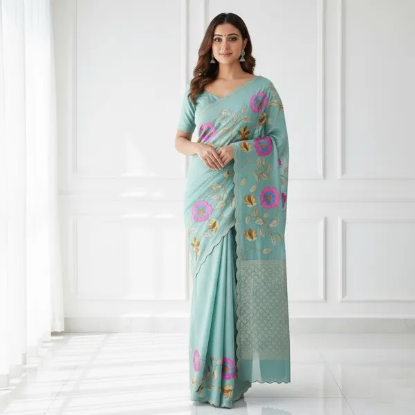 Blue_Embroidered_Floral_With_Scalloped_Border_Silk_Saree_For_Women