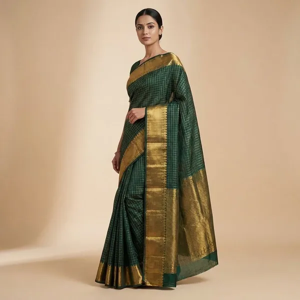 Dark_Green_Kanchipuram_With_Golden_Zari_Border_Silk_Saree_For_Women