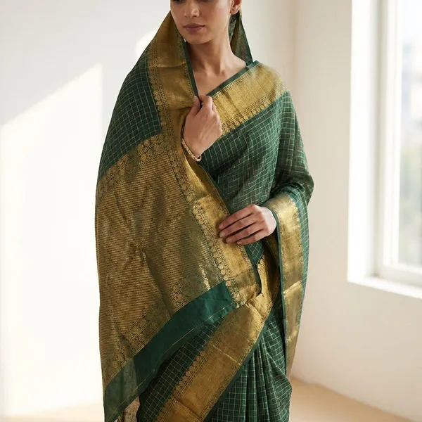 Dark_Green_Kanchipuram_With_Golden_Zari_Border_Silk_Saree_For_Women