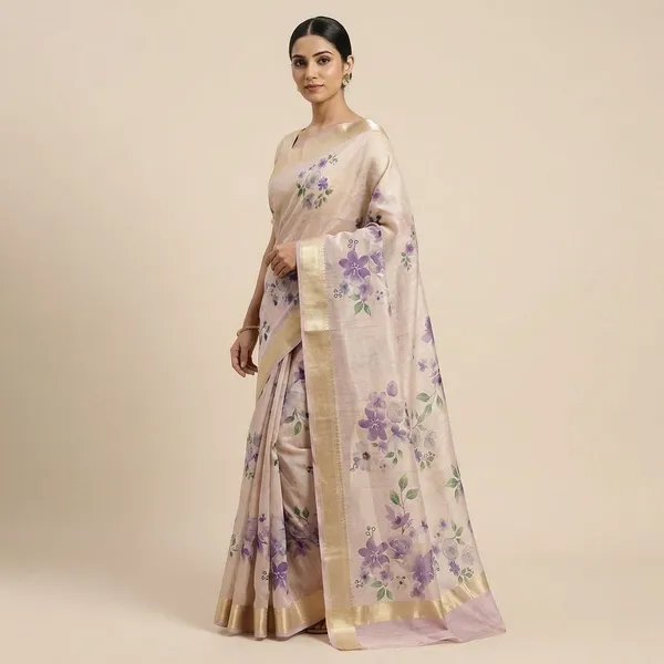 Pastel_Pink_Floral_Printed_Organza_With_Golden_Border_Silk_Saree_For_Women