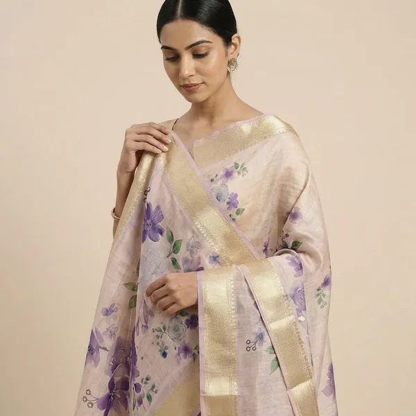 Pastel_Pink_Floral_Printed_Organza_With_Golden_Border_Silk_Saree_For_Women