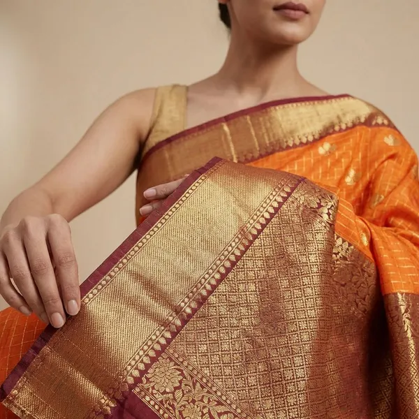 Orange_Checkered_With_Golden_Zari_Border_And_Maroon_Pallu_Silk_Saree_For_Women