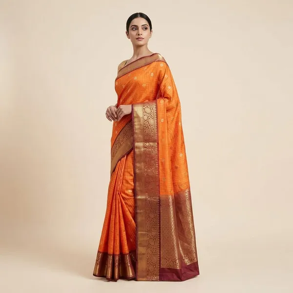 Orange_Checkered_With_Golden_Zari_Border_And_Maroon_Pallu_Silk_Saree_For_Women