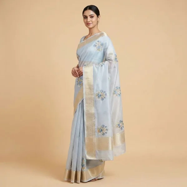 White_Embroidered_With_Golden_Border_And_Floral_Motifs_Silk_Saree_For_Women