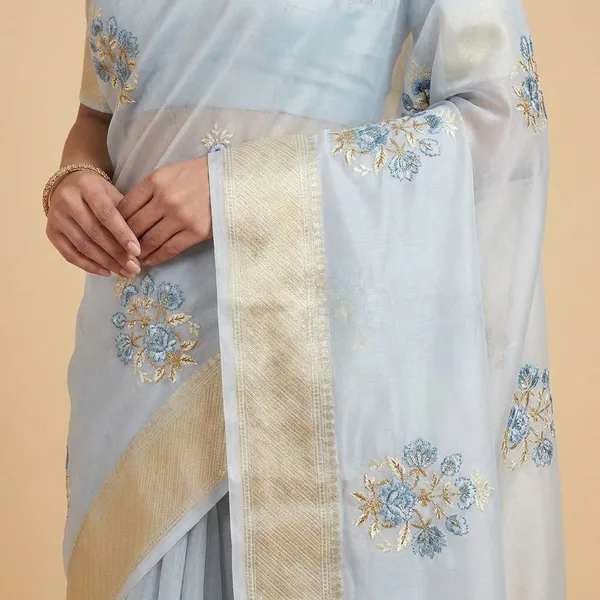 White_Embroidered_With_Golden_Border_And_Floral_Motifs_Silk_Saree_For_Women