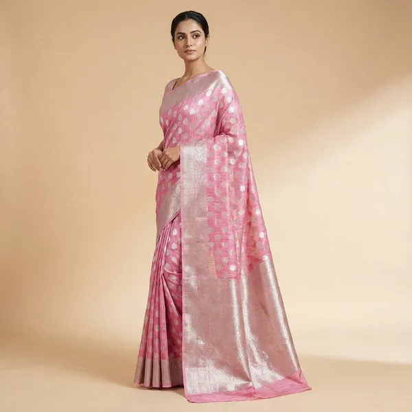 Silver_Banarasi_With_Silver_Zari_Polka_Dots_And_Woven_Border_Silk_Saree_For_Women