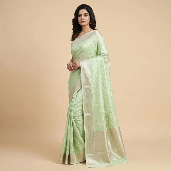 Light_Green_With_Silver_Zari_Border_And_Intricate_Brocade_Work_Silk_Saree_For_Women