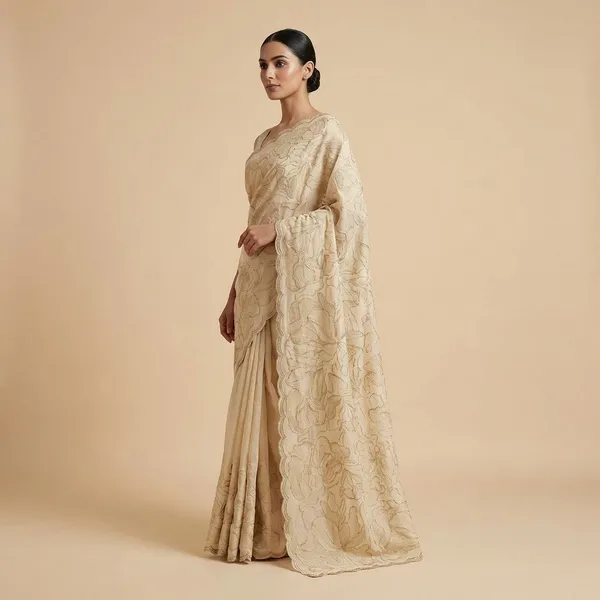 Cream_And_Gold_Elegant_Floral_Embroidered_Fabric_With_Scalloped_Border_Silk_Saree_For_Women