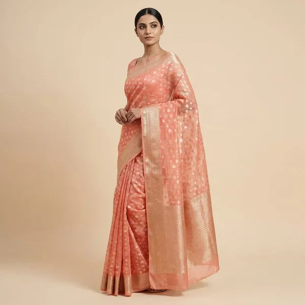 Coral_Peach_Banarasi_With_Gold_Zari_Work_Silk_Saree_For_Women
