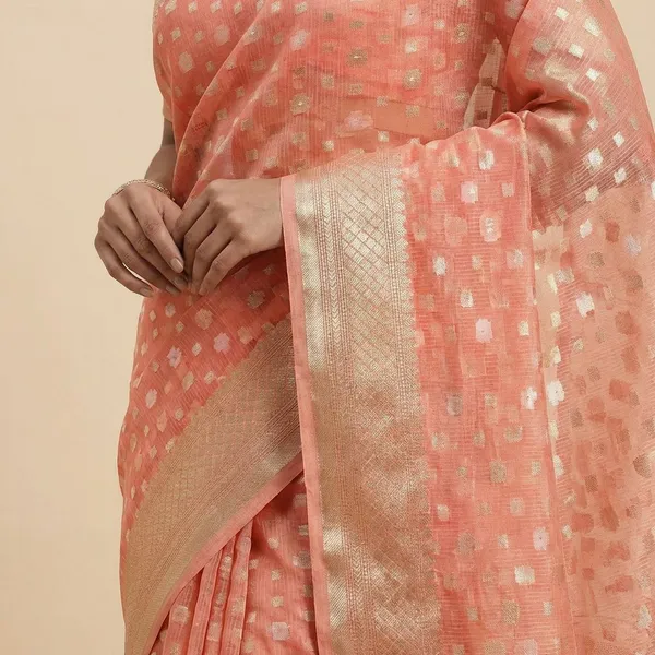 Coral_Peach_Banarasi_With_Gold_Zari_Work_Silk_Saree_For_Women