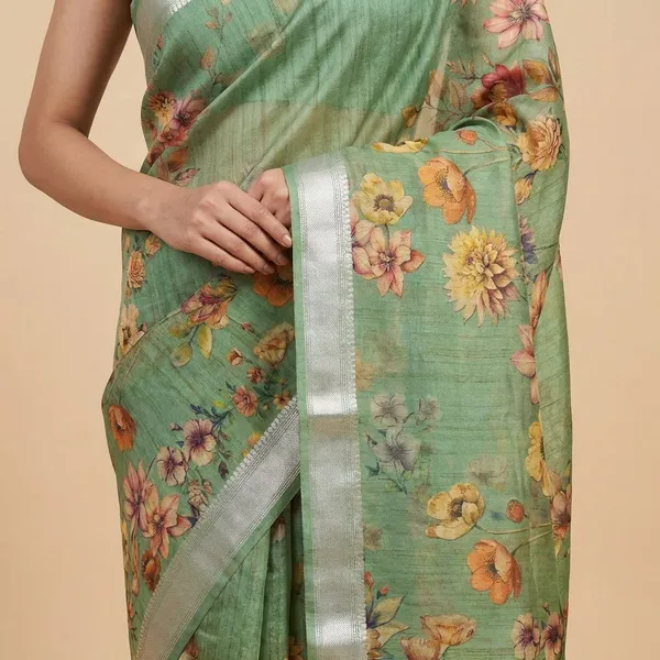 Green_Floral_Digital_Print_With_Silver_Border_Silk_Saree_For_Women