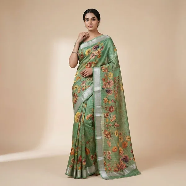 Green_Floral_Digital_Print_With_Silver_Border_Silk_Saree_For_Women