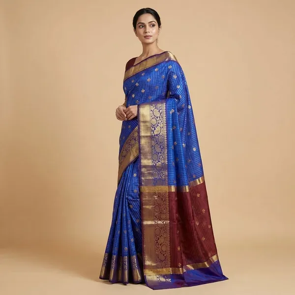 Royal_Blue_With_Golden_Zari_Border_And_Buti_Work_Silk_Saree_For_Women