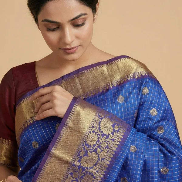 Royal_Blue_With_Golden_Zari_Border_And_Buti_Work_Silk_Saree_For_Women