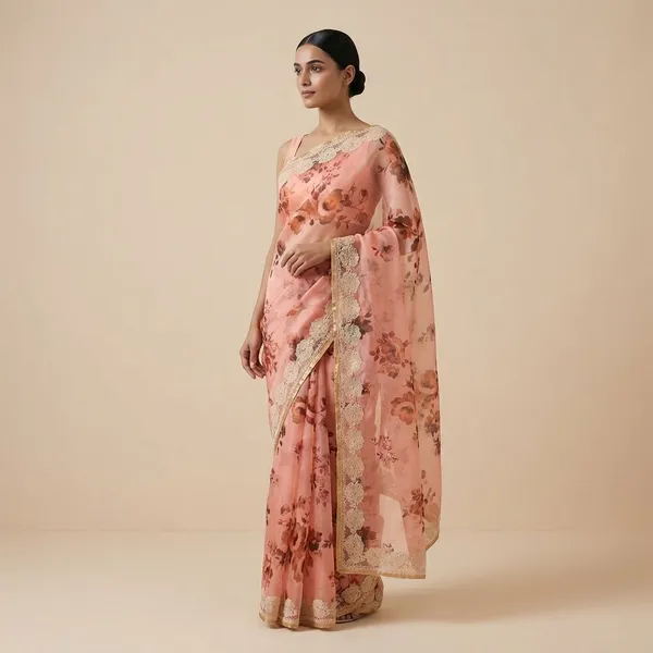 Pink_Floral_Print_With_Golden_Border_Silk_Saree_For_Women