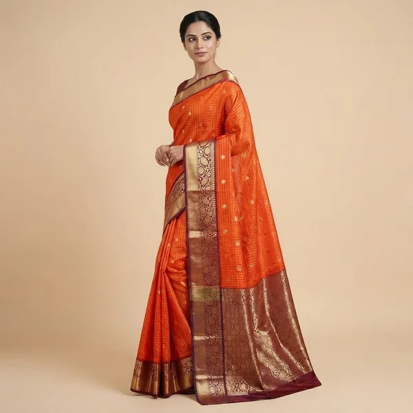 Maroon_And_Orange_Traditional_With_Gold_Zari_Border_And_Buti_Work_Silk_Saree_For_Women