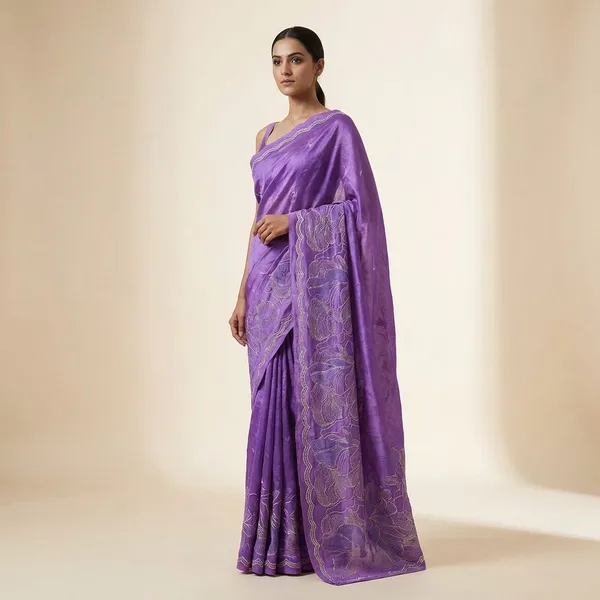 Purple_Embroidered_Fabric_Material_With_Golden_Floral_Design_And_Scalloped_Border_Silk_Saree_For_Women