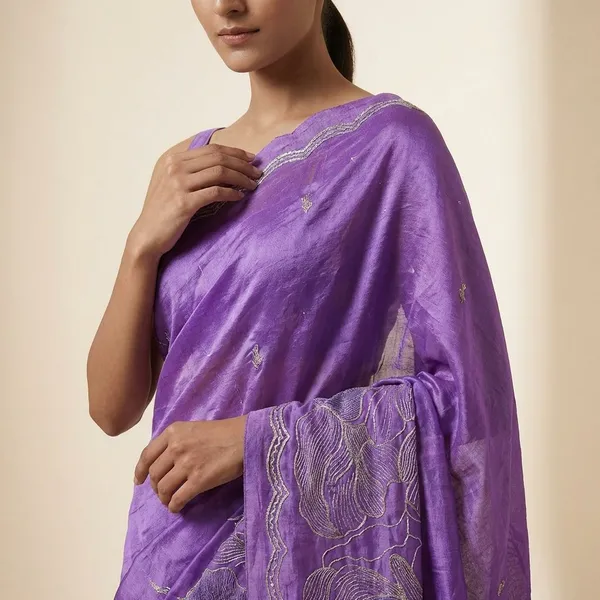 Purple_Embroidered_Fabric_Material_With_Golden_Floral_Design_And_Scalloped_Border_Silk_Saree_For_Women