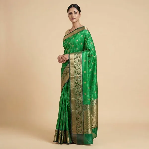 Green_With_Golden_Zari_Border_And_Motifs_Silk_Saree_For_Women