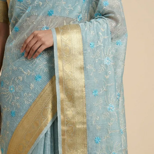 Light_Blue_Embroidered_With_Golden_Border_Silk_Saree_For_Women