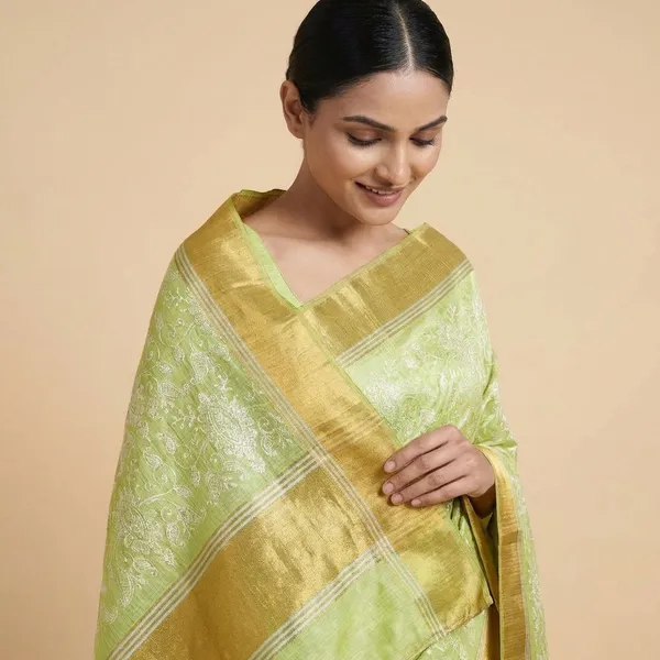 Pistachio_Green_With_Floral_Embroidery_And_Golden_Border_Silk_Saree_For_Women
