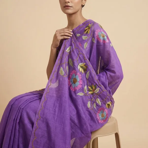 Purple_Embroidered_Floral_Fabric_With_Scalloped_Border___Decorative_Cloth_Silk_Saree_For_Women