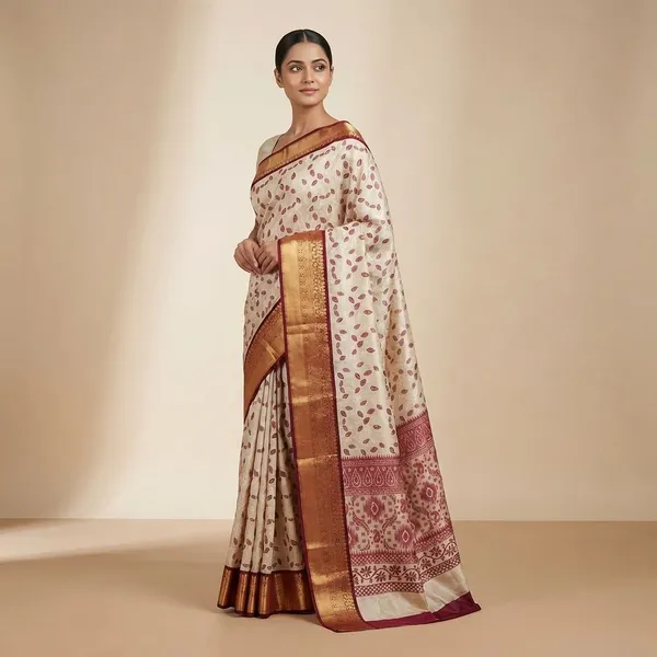 Cream_And_Pink_Traditional_Paisley_Buti_With_Woven_Border_Silk_Saree_For_Women
