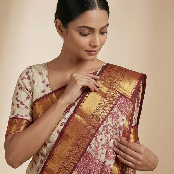 Cream_And_Pink_Traditional_Paisley_Buti_With_Woven_Border_Silk_Saree_For_Women