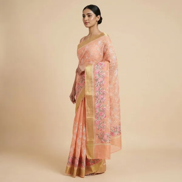 Peach_Floral_Print_With_Golden_Border_Silk_Saree_For_Women