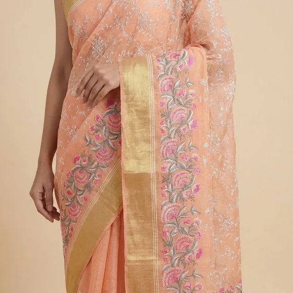 Peach_Floral_Print_With_Golden_Border_Silk_Saree_For_Women