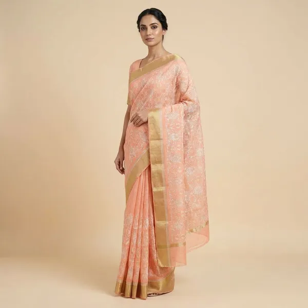 Peach_Banarasi_With_Golden_Zari_Border_Silk_Saree_For_Women