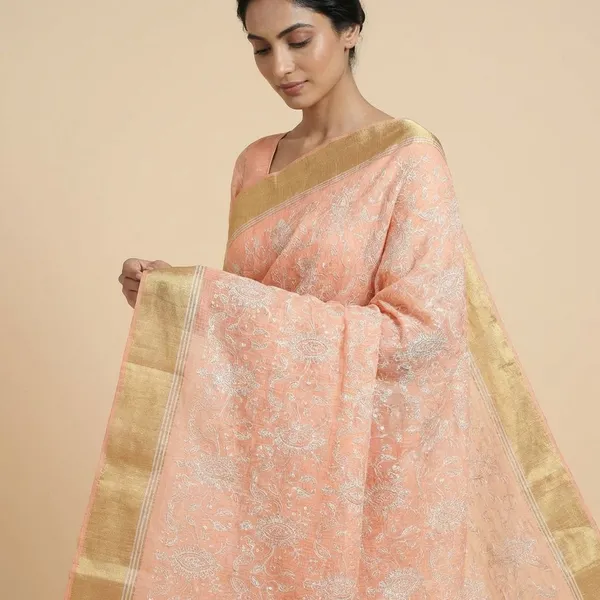 Peach_Banarasi_With_Golden_Zari_Border_Silk_Saree_For_Women