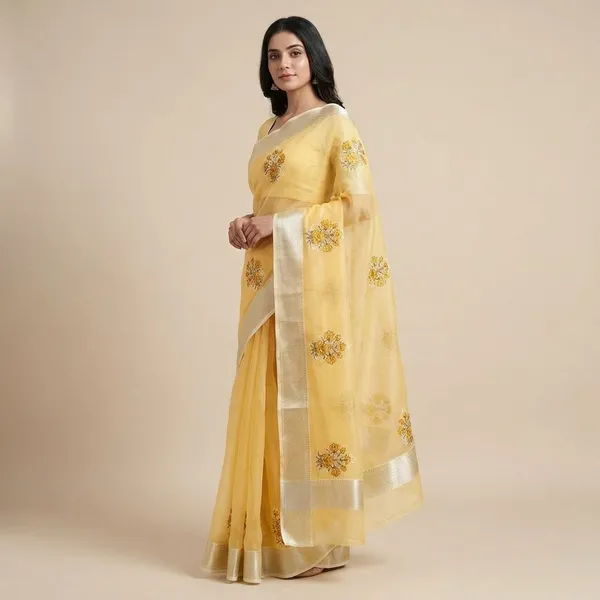 Yellow_Embroidered_With_Silver_Zari_Border_Silk_Saree_For_Women