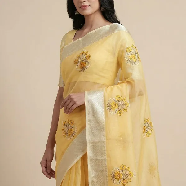 Yellow_Embroidered_With_Silver_Zari_Border_Silk_Saree_For_Women