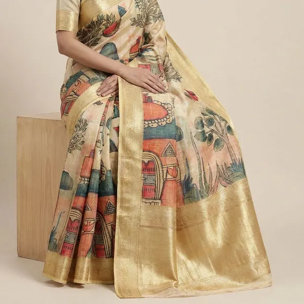 Golden_Printed_Floral_With_Traditional_Border_And_Detailing_Silk_Saree_For_Women