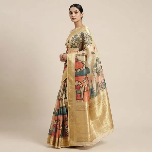 Golden_Printed_Floral_With_Traditional_Border_And_Detailing_Silk_Saree_For_Women