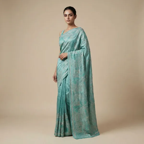 Teal_Floral_Embroidered_Fabric_With_Scalloped_Border_Silk_Saree_For_Women